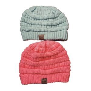 C.C Exclusives Seafoam Green & Coral Classic Fit Beanies - 2 Piece Bundle - OS